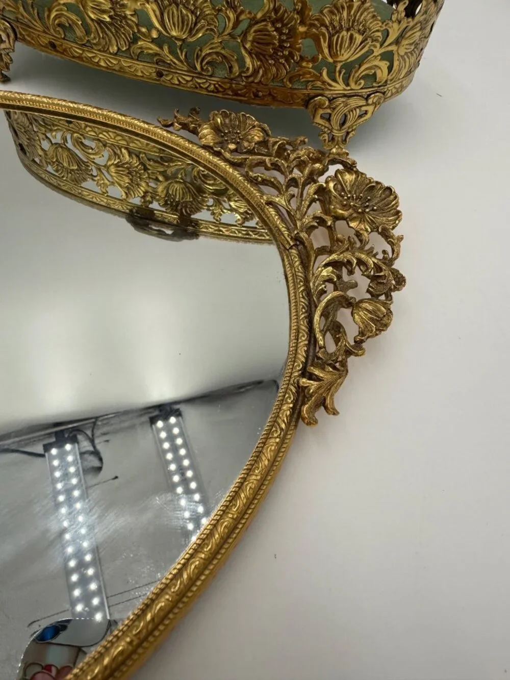 Vintage Gold Vanity Set With Hand Mirror Comb Brush Tray Jewelry Box & Small Fra